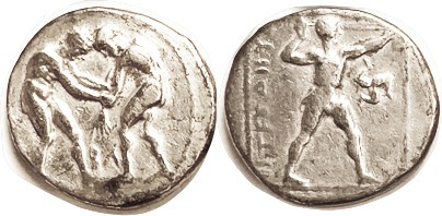ASPENDOS, Stater, 38-325 BC, 2 Wrestlers, B-Lambda betw/Slinger rt, triskeles in...
