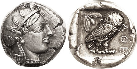 ATHENS, Tet, c. 455 BC, Transitional Style, Athena head r/owl stg r, S2521; dist...