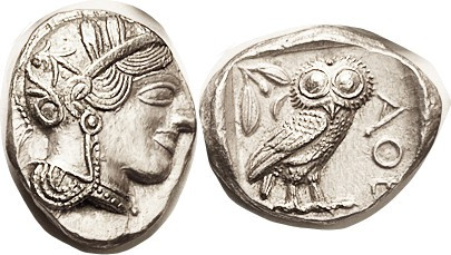 ATHENS, Tet, 449-413 BC, Athena head r/owl stg r, S2526; EF, centered on sl oval...