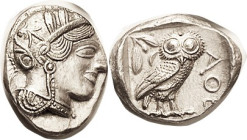 ATHENS, Tet, 449-413 BC, Athena head r/owl stg r, S2526; EF, centered on sl oval flan, good metal; sharply struck with again fully crisp hair waves.