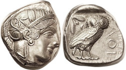 ATHENS, Tet, 449-413 BC, Athena head r/owl stg r, S2526; EF, centered on sl triangular flan, good metal; boldly struck with again fully sharp hair wav...