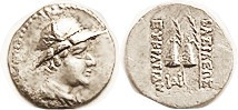 BAKTRIA, Eukratides I, 171-135 BC, Obol, Helmeted hd r/caps of the Dioscuri, S75...
