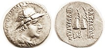 BAKTRIA, Eukratides I, 171-135 BC, Obol, Helmeted hd r/caps of the Dioscuri, S7578; AEF/VF, well centered & struck, good metal, quite nice. (A VF sold...