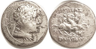 BAKTRIA, Eukratides I, 171-135 BC, Drachm, Diademed head r/Dioscuri on horseback...