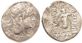 BAKTRIA, Heliokles, c.145-130 BC, Drachm, Diademed Bust r/Zeus stg l, Delta below, S7638; F, centered on large flan, darkish tone, faintly bendy, mino...