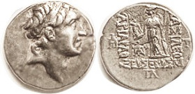CAPPADOCIA, Ariarathes V, 163-130 BC, Drachm, Bust r/ Athena stg l, 2 monograms, Gamma-Lambda below; S7286; VF, sl off-ctr to top, good metal, nice st...