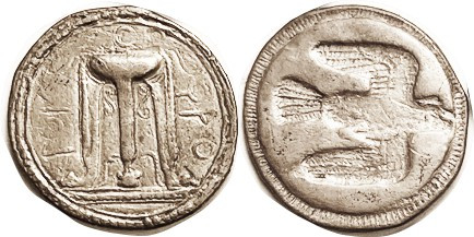 KROTON, Stater, broad flan type, c.500-480 BC, 25 mm, Tripod, lgnds rt & left/ E...
