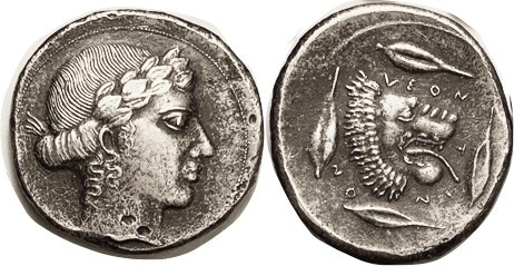 LEONTINI, Tet, c.450 BC, Apollo head r/Lion head, 4 barleycorns; COPY, EF, appea...