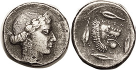 LEONTINI, Tet, c.450 BC, Apollo head r/Lion head, 4 barleycorns; COPY, EF, appears struck, in silver, with contrasty tone; very attractive quality.