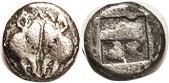 LESBOS, 1/12 Stater or Diobol, 1.15 gram, c.500-450 BC, 2 boar hds face-to-face, M above/incuse square, F-VF, centered, ltly toned, clear. RARE variet...