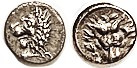 MYLASA, Hemiobol, c.420-390 BC, Lion forepart r/facg lion head, legs at sides, E...
