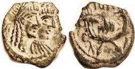 NABATAEA, Rabbel & Queen Gamilath, 71-106 AD, Æ18, Conjoined heads r/ crossed cornucopiae & lgnds, GIC5706; VF/F, sl off-ctr on irregular flan, dark g...