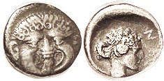 NEAPOLIS (Macedon), Hemidrachm, 424-350 BC, Facing Gorgoneion/nymph head r, lgnd...