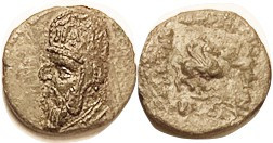 PARTHIA, Mithradates II, Æ15, Sellw.28.8, Bust in tiara/ Pegasos flying r; VF+/F...