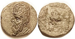 PARTHIA, Mithradates II, Æ15, Sellw.28.8, Bust in tiara/ Pegasos flying r; VF+/F, centered, khaki green patina, portrait has excellent detail, rev cru...