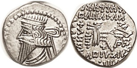 PARTHIA, Mithradates IV (or V), 140 AD, Drachm, Sellw. 82.1; scarce issue with only 2 diadem ties & top rev line in Parthian script; EF, usual sl low ...