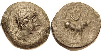 SPAIN, CASTULO, Æ20, Male head r/Bull stg r, crescent above; VF, centered, sl cr...