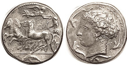 SYRACUSE, Tet, 405-367 BC, Chariot l./Arethusa head l, dolphins; COPY, appears s...