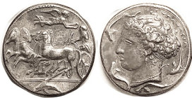 SYRACUSE, Tet, 405-367 BC, Chariot l./Arethusa head l, dolphins; COPY, appears struck, in silver, pleasantly toned, attractive.