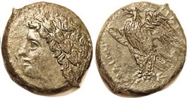 SYRACUSE, Hiketas, 288-279 BC, Æ22, Zeus Hellanios hd l,/Eagle l, S1212; VF, nrly centered, glossy dark green patina with minor surface disturbances, ...