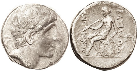 SYRIA, Antiochos II, 261-246 BC, Tet, Head r/Zeus std l, betw monograms, Seleuki...