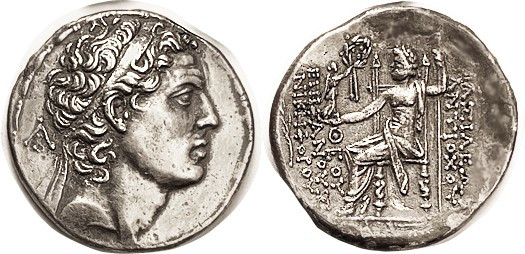 SYRIA, Antiochos IV, 175-164 BC, Tet, His head r, AB monogram behind/Zeus std l,...