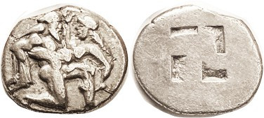 THASOS, Stater, 463-411 BC, Naked ithyphallic Satyr & struggling nymph/ 4-part s...