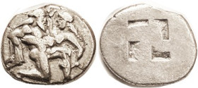THASOS, Stater, 463-411 BC, Naked ithyphallic Satyr & struggling nymph/ 4-part square, S1746; VF, well centered & struck, bold archaic style; minor re...