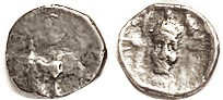 Samaria, Obol, c. 372-333 BC, Lion attacking bull/Facg Athena head; F or so, obv...