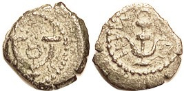 Herod the Great, 40-4 BC, Prutah, H-1188, Double cornucopiae/anchor & lgnd, F-VF, sl off-ctr, hilighted dark green/brown patina, clear features. (A F-...