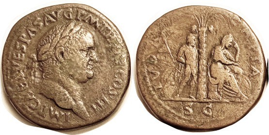 Vespasian, Sest, IVDAEA CAPTA, Palm betw stg figure & Jewess mourning, H-1500, R...