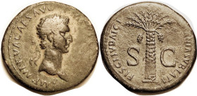 Nerva, Sest, FISCI IVDAICA CALVMNIA SVBLATA, date palm, H-1603; F/AVF, lgnd gone at obv rt, rev lgnd nrly complete; basically smooth dark greenish pat...