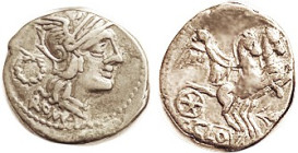 T. Cloulius, 128 BC, Den, Cr.260/1, Sy.516; Roma head r/Victory in biga r, AVF, nrly centered, well struck, good metal with mellow tone, also sl adhes...