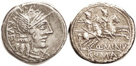Q. Minucius Rufus, Den., Cr.277/1, Sy.421, Roma head r/Dioscuri on horseback r; VF, well centered & struck for this, only niggling surface imperfectio...