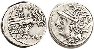 L. Saturninus, Den, 104 BC, Cr.317/3a, Sy.578, Roma head l./ Saturn in quadriga ...