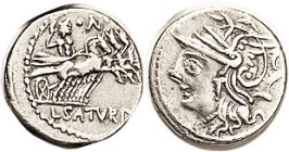 L. Saturninus, Den, 104 BC, Cr.317/3a, Sy.578, Roma head l./ Saturn in quadriga r; AEF, obv nrly centered, rev sl off-ctr, good bright metal, very bol...