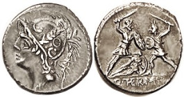 Q. Minucius Thermus, Den., 103 BC, Cr. 319/1, Sy.592; Helmeted Roma head l./battle scene; Choice VF-EF/EF, good centering & strike for this with no wk...