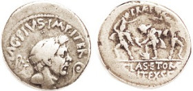 IMPERATORIAL. POMPEY, Den, MAG PIVS etc, His hd r betw jug & lituus/ PRAEF CLAS etc, Neptune betw Catanaean brothers carrying parents, Cr.511/3a; F-VF...
