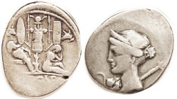JULIUS CAESAR, Den., Venus head l./trophy & 2 cap-tives, Cr. 468/2, Sy. 1015; F, nrly centered on oval flan, flatly struck at upper rt obv edge & lowe...
