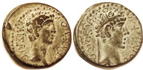 AUGUSTUS & Rhoemetalkes of Thrace, Æ19, Diademed Rhoemetalkes Bust r/Augustus bare head rt, VF, sl off-ctr, lgnds somewhat weak, 2-toned green patina,...
