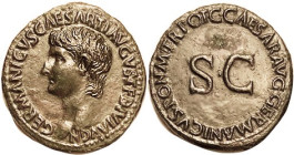 GERMANICUS, As, by Caligula, Bust l./SC in lgnd, Coh.1, Choice EF, perfectly centered with full strong lgnds, darkish greenish-brown patina, glossy su...