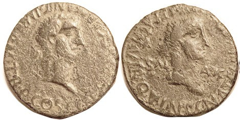 CALIGULA & Caesonia, Spain, Æ27, Caligula bust r/ Caesonia bust r, as Salus; F+,...