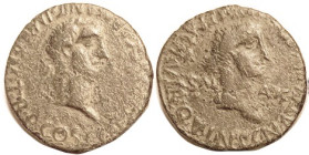 CALIGULA & Caesonia, Spain, Æ27, Caligula bust r/ Caesonia bust r, as Salus; F+, some of lgnds crowded/wk, dark greenish patina, sl thick & grainy, bo...