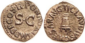CLAUDIUS, Quadrans, Modius/SC in lgnd (COS II), RIC 90, EF, rev sl off-ctr, lgnd...