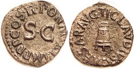 CLAUDIUS, Quadrans, Modius/SC in lgnd (COS II), RIC 90, EF, rev sl off-ctr, lgnds virtually complete, brown patina with only slightest touch of roughn...