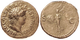 NERO, As, Laur head r/Victory adv l, hldg shield inscr SPQR; VF, nrly centered, full lgnd, dark greenish-brown patina, only minor roughness, portrait ...