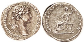 TRAJAN & FATHER, Den, DIVVS PATER TRAJAN, Trajan's old man std l on curule chair; VF-EF, centered, full lgnds (sl crowded on obv), good metal with dee...