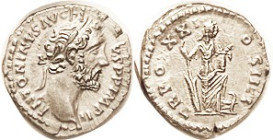 ANTONINUS PIUS, Den., TR POT XX COS IIII, Annona stg r; EF, well centered, sl ragged flan, full lgnds, sl crudeness (few rev letters wk), bright metal...