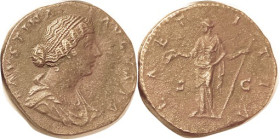 FAUSTINA JUNIOR, Sest, LAETITIA stg l, VF, centered, ltly grainy tan-brown patina, full lgnds (wk at obv rt), good portrait detail with clear snaky ha...