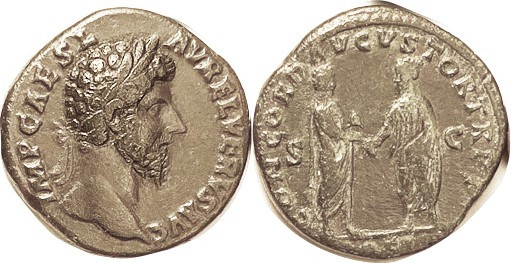 LUCIUS VERUS, Sest, CONCORD AVGVSTOR TRP II COS II, Aurelius & Verus shaking han...